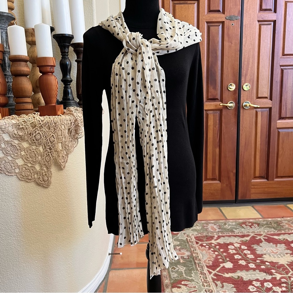 Cream With Black Polka Dots 100% Polyester Scarf  92” X 16”